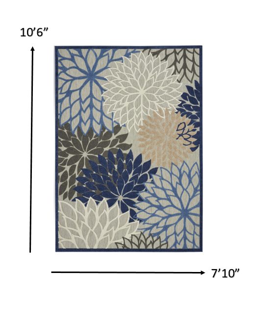 8’ x 11’ Blue Large Floral Indoor Outdoor Area Rug