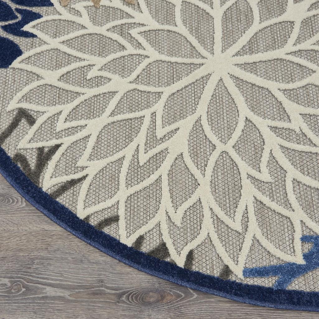 8’ Round Blue Large Floral Indoor Outdoor Area Rug