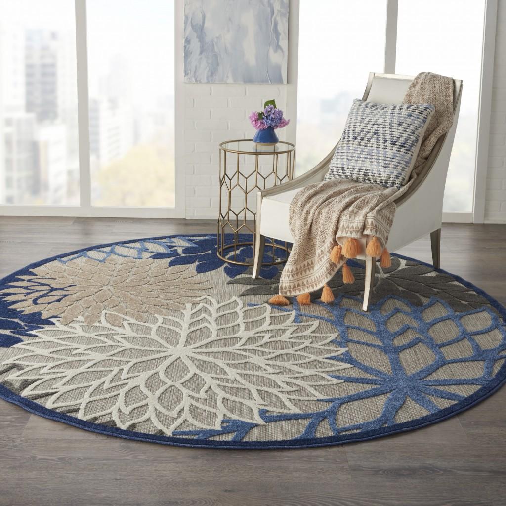 8’ Round Blue Large Floral Indoor Outdoor Area Rug