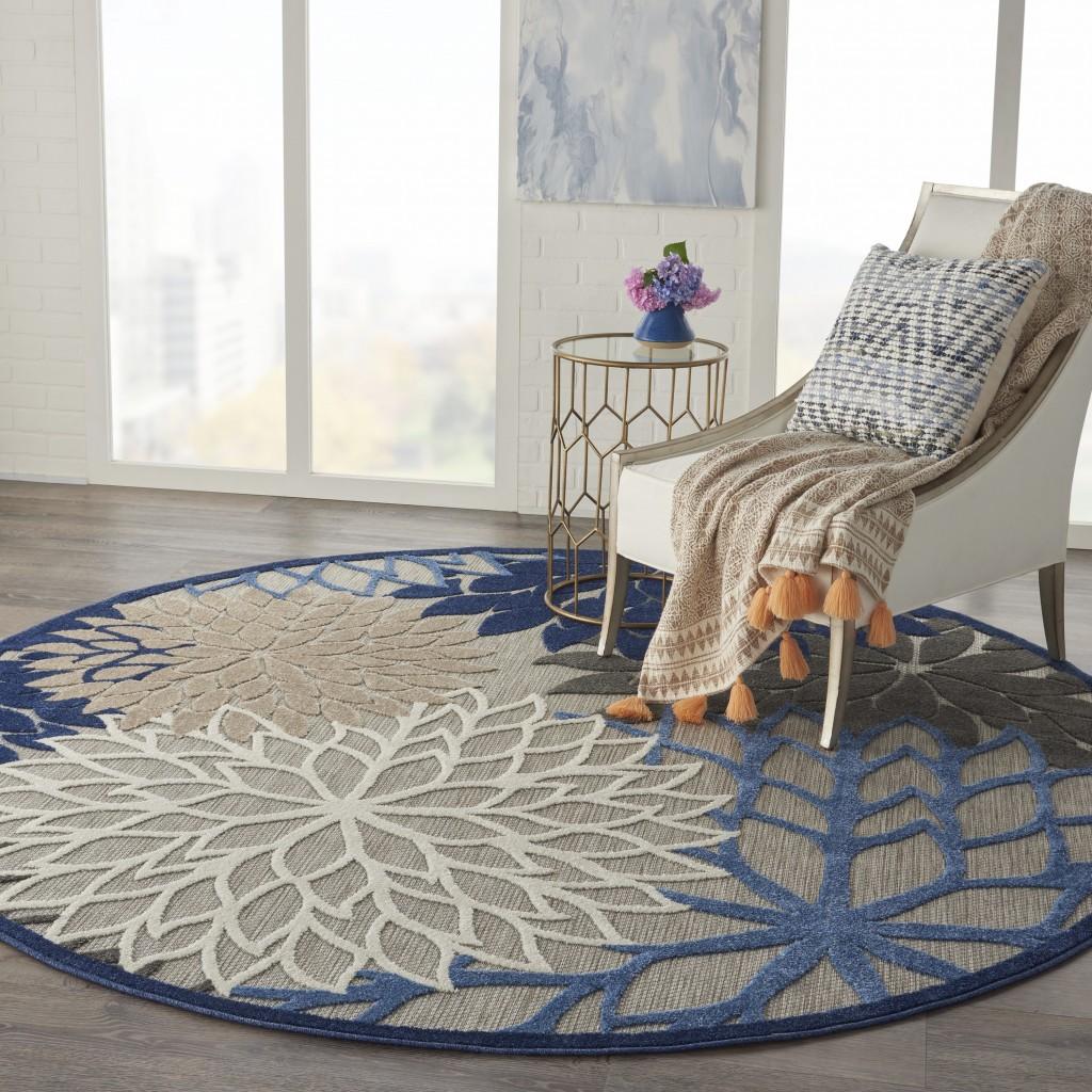 8’ Round Blue Large Floral Indoor Outdoor Area Rug