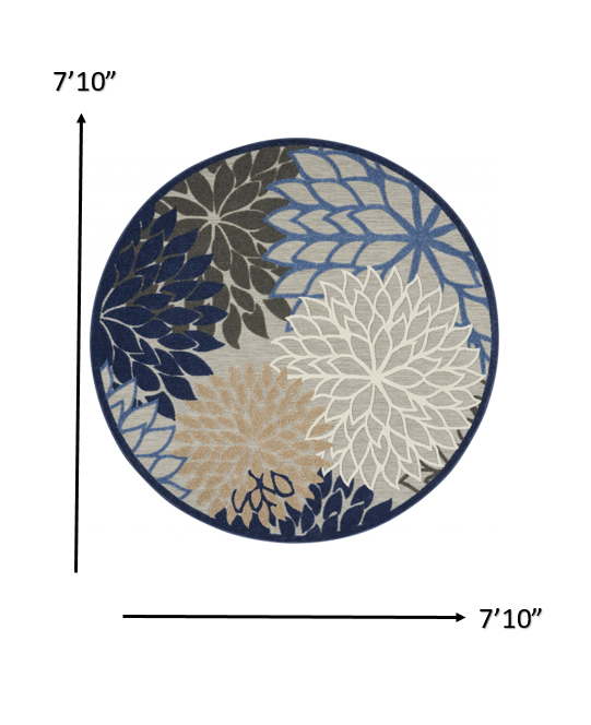 8’ Round Blue Large Floral Indoor Outdoor Area Rug