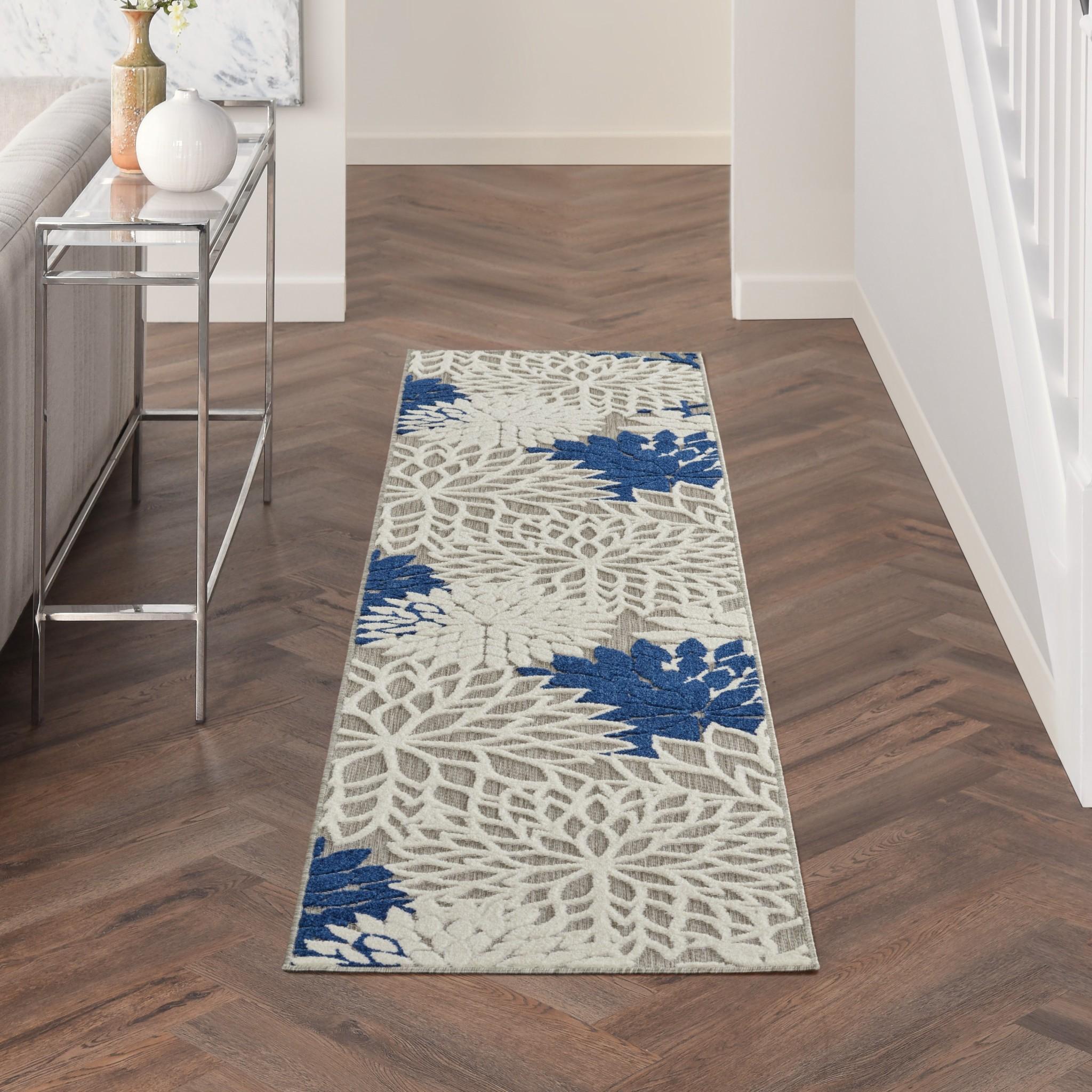 2’ x 6’ Ivory and Navy Indoor Outdoor Runner Rug