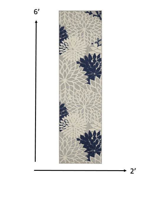 2’ x 6’ Ivory and Navy Indoor Outdoor Runner Rug