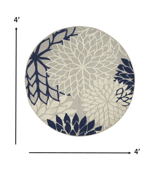 4’ Round Ivory and Navy Indoor Outdoor Area Rug