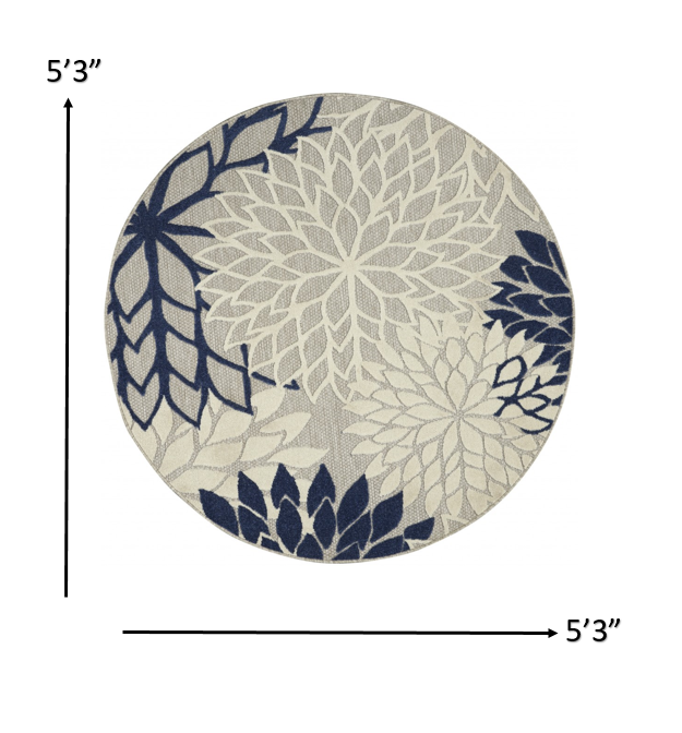 5’ Round Ivory and Navy Indoor Outdoor Area Rug