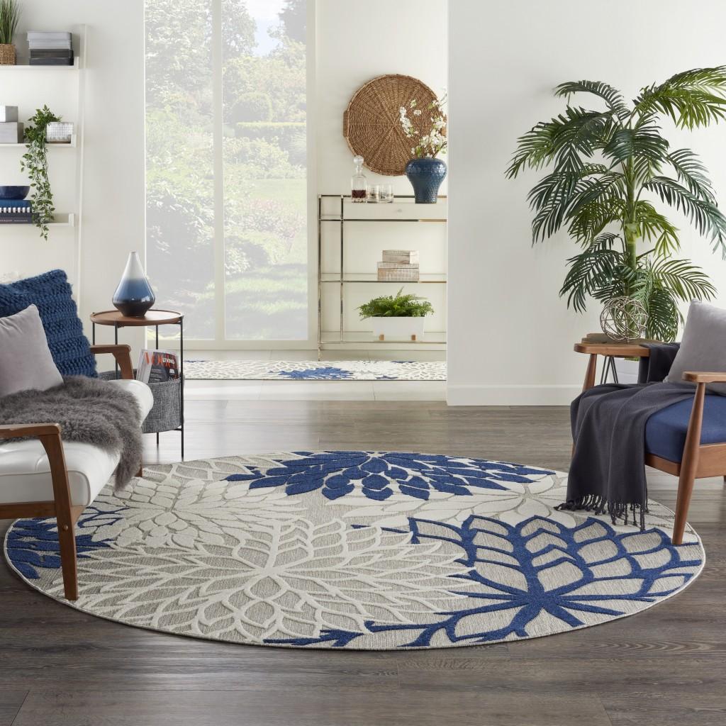 8’ Round Ivory and Navy Indoor Outdoor Area Rug