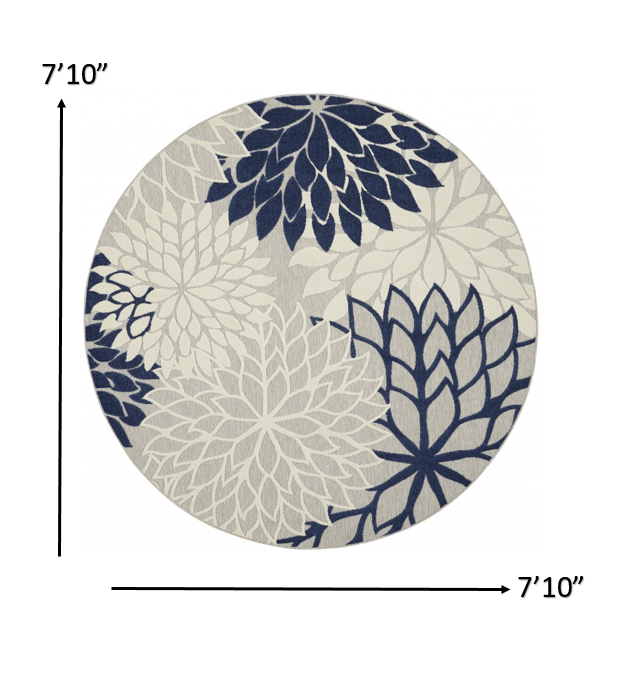 8’ Round Ivory and Navy Indoor Outdoor Area Rug