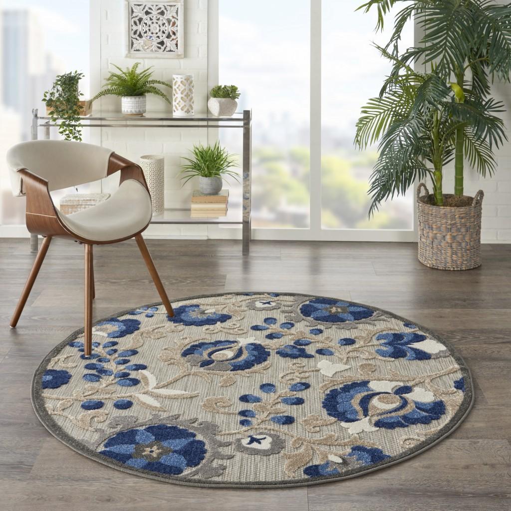 4’ Round Natural and Blue Indoor Outdoor Area Rug