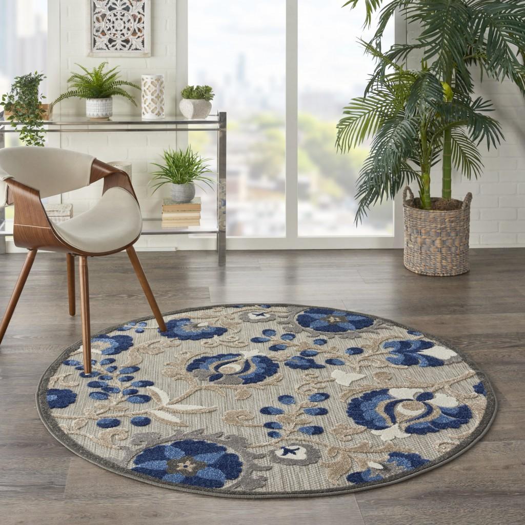 4’ Round Natural and Blue Indoor Outdoor Area Rug