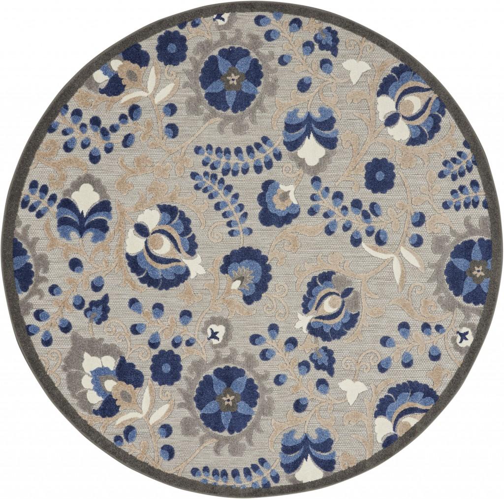 5’ Round Natural and Blue Indoor Outdoor Area Rug