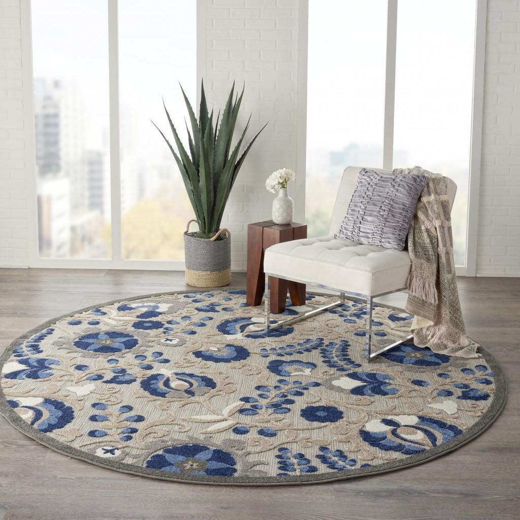 8’ Round Natural and Blue Indoor Outdoor Area Rug