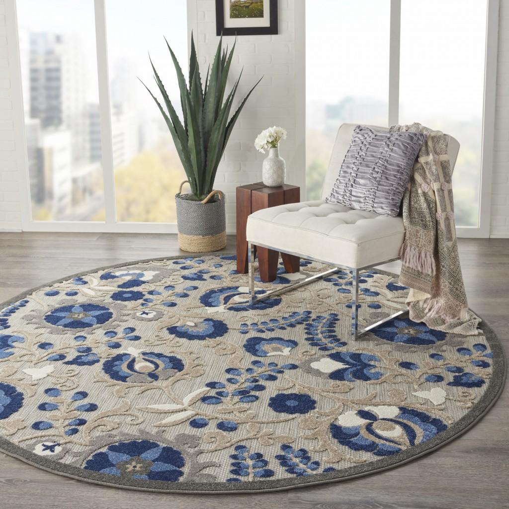 8’ Round Natural and Blue Indoor Outdoor Area Rug