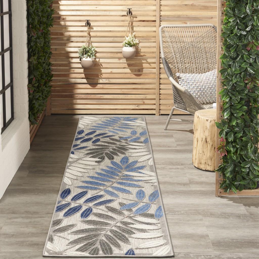 2’ x 10’ Gray and Blue Leaves Indoor Outdoor Runner Rug