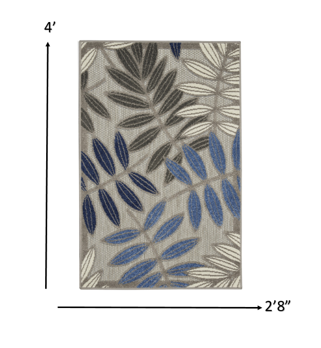 3’ x 4’ Gray and Blue Leaves Indoor Outdoor Area Rug