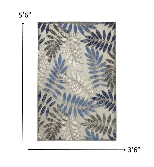 4’ x 6’ Gray and Blue Leaves Indoor Outdoor Area Rug