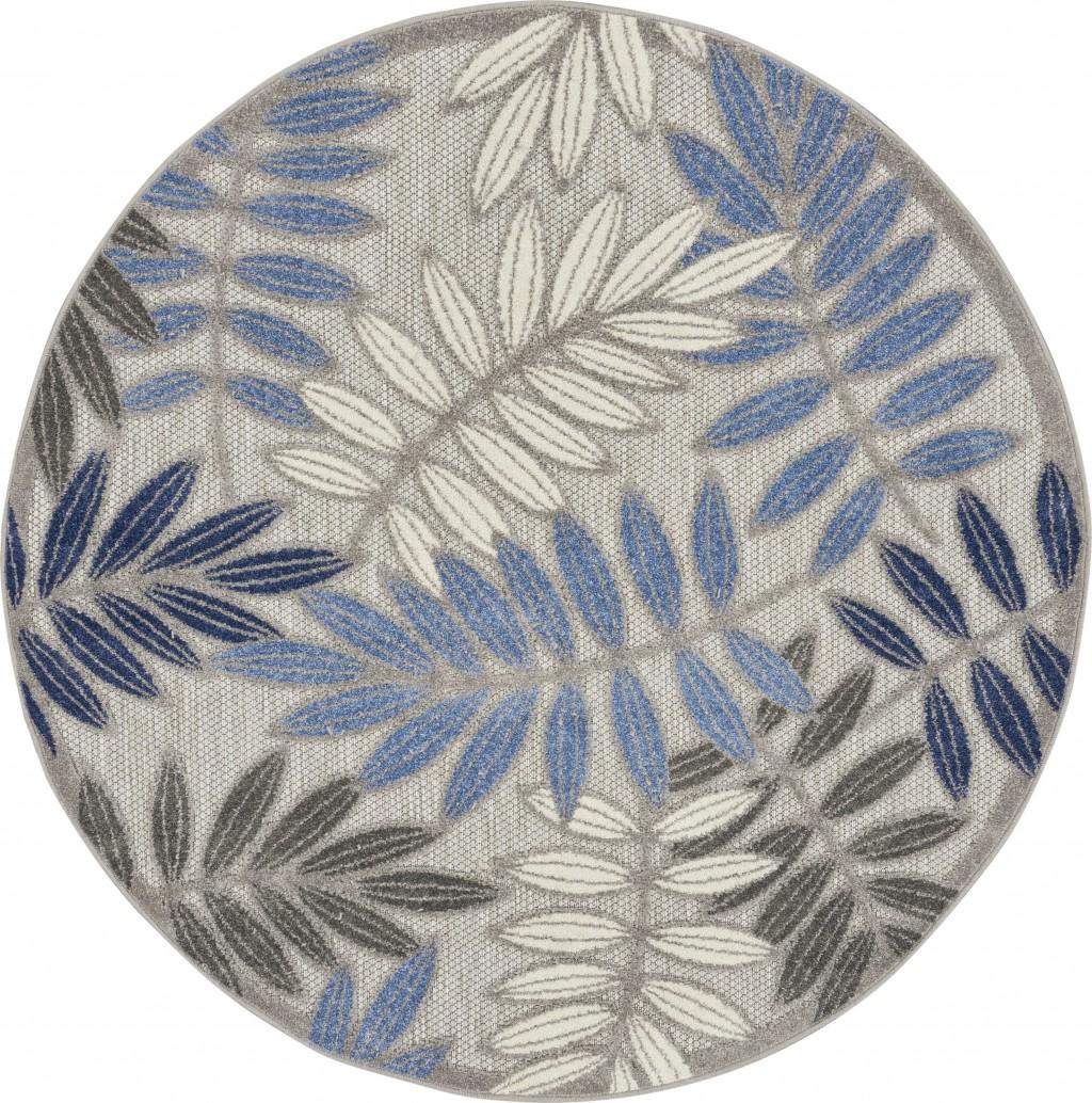 4’ Round Gray and Blue Leaves Indoor Outdoor Area Rug