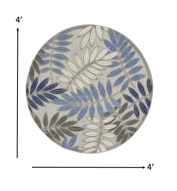 4’ Round Gray and Blue Leaves Indoor Outdoor Area Rug