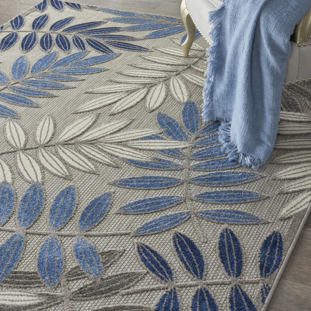 5’ x 8’ Gray and Blue Leaves Indoor Outdoor Area Rug