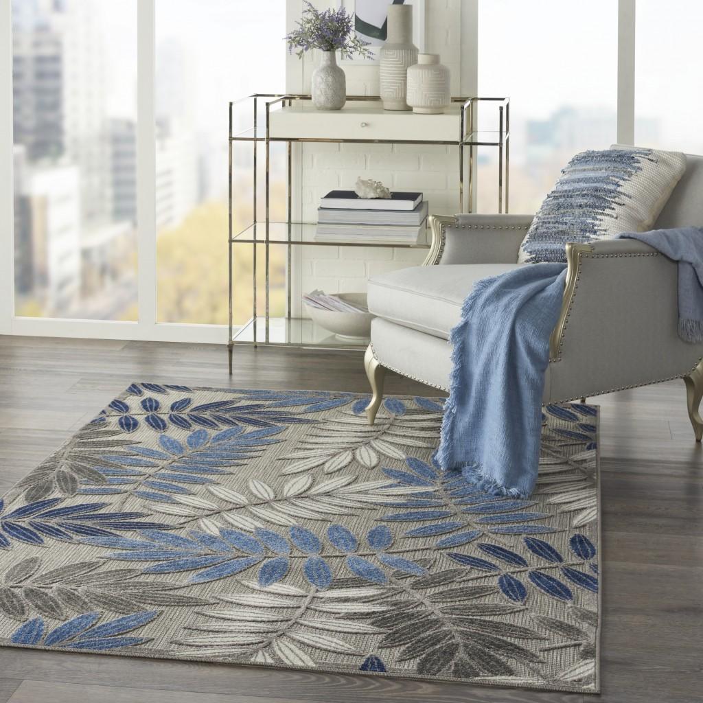 5’ x 8’ Gray and Blue Leaves Indoor Outdoor Area Rug