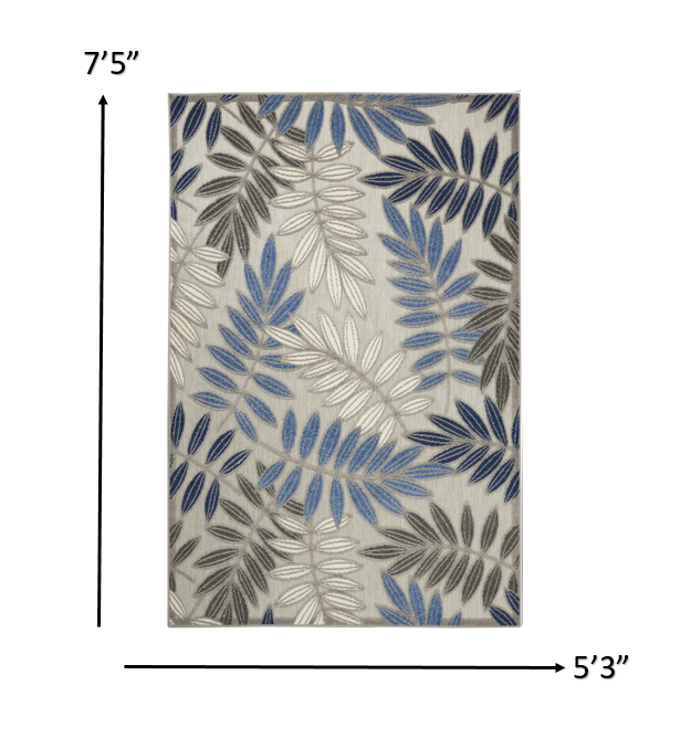 5’ x 8’ Gray and Blue Leaves Indoor Outdoor Area Rug