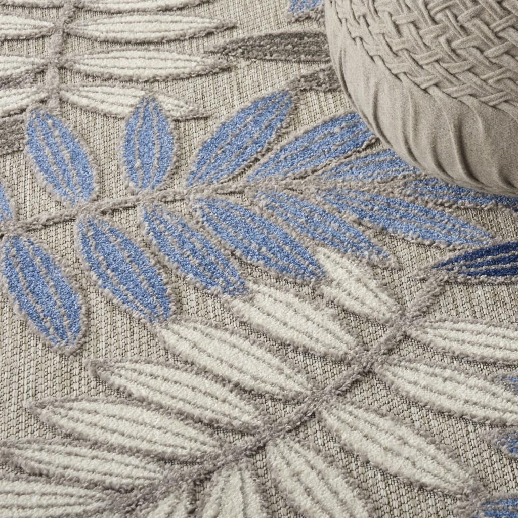 5’ Round Gray and Blue Leaves Indoor Outdoor Area Rug