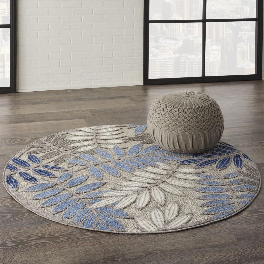 5’ Round Gray and Blue Leaves Indoor Outdoor Area Rug