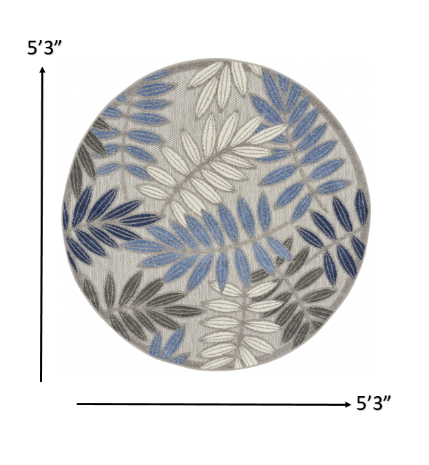 5’ Round Gray and Blue Leaves Indoor Outdoor Area Rug