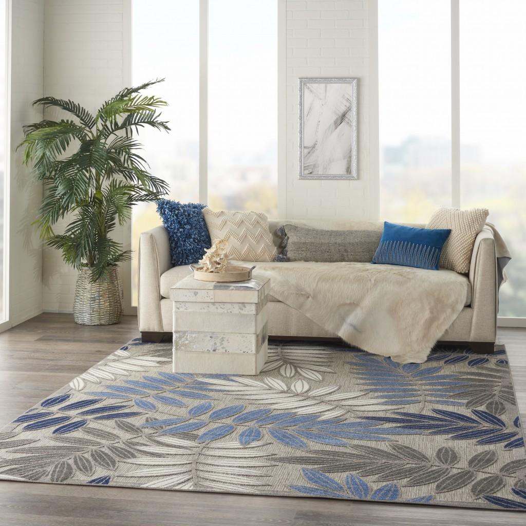 6’ x 9’ Gray and Blue Leaves Indoor Outdoor Area Rug