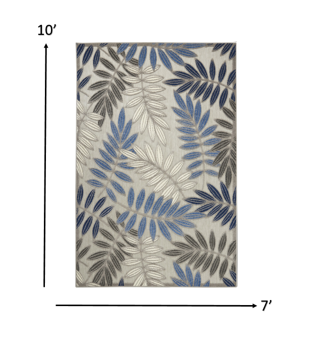 7’ x 10’ Gray and Blue Leaves Indoor Outdoor Area Rug