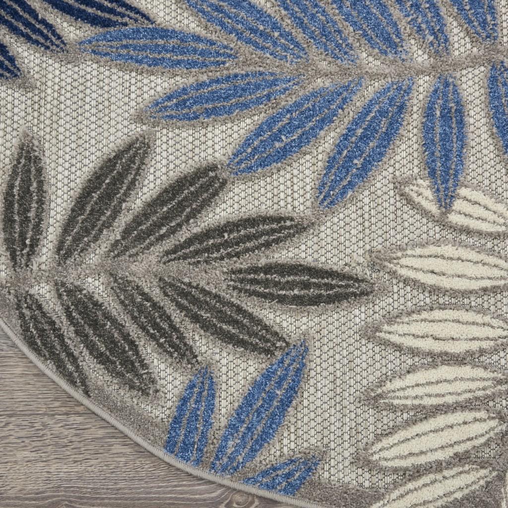 8’ Round Gray and Blue Leaves Indoor Outdoor Area Rug