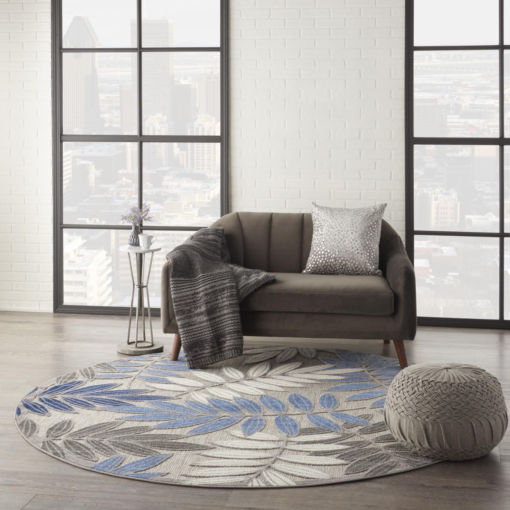 8’ Round Gray and Blue Leaves Indoor Outdoor Area Rug