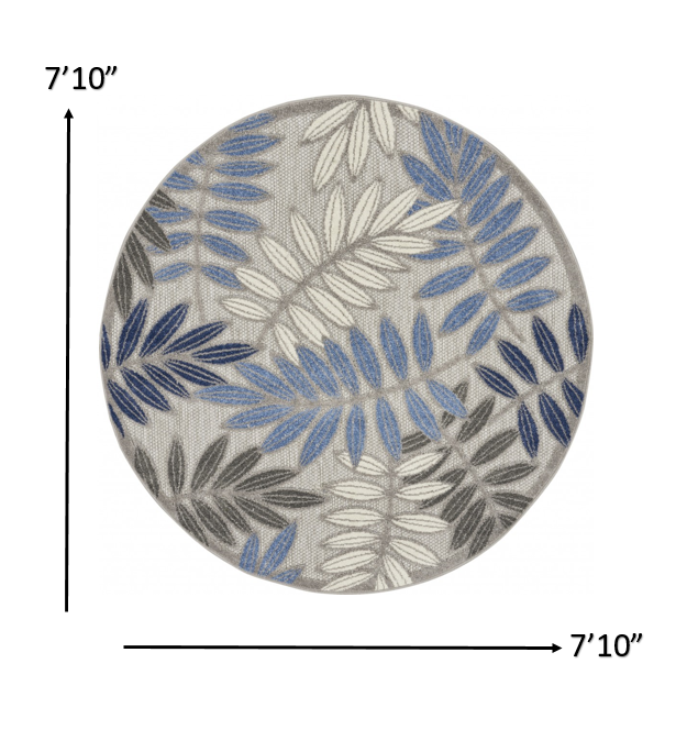 8’ Round Gray and Blue Leaves Indoor Outdoor Area Rug