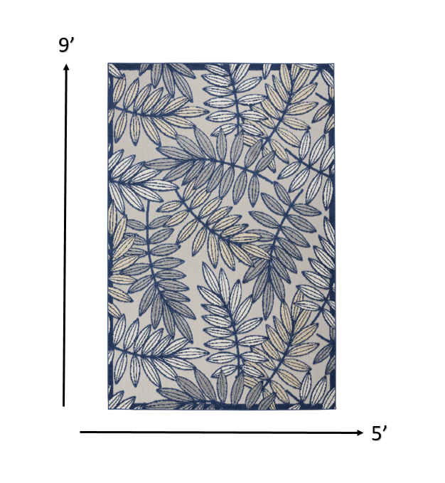 4’ x 6' Ivory and Navy Leaves Indoor Outdoor Area Rug