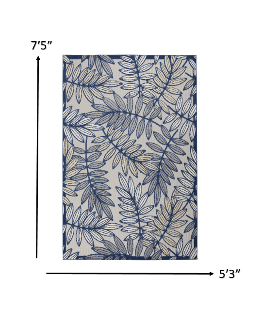 5’ x 7' Ivory and Navy Leaves Indoor Outdoor Area Rug