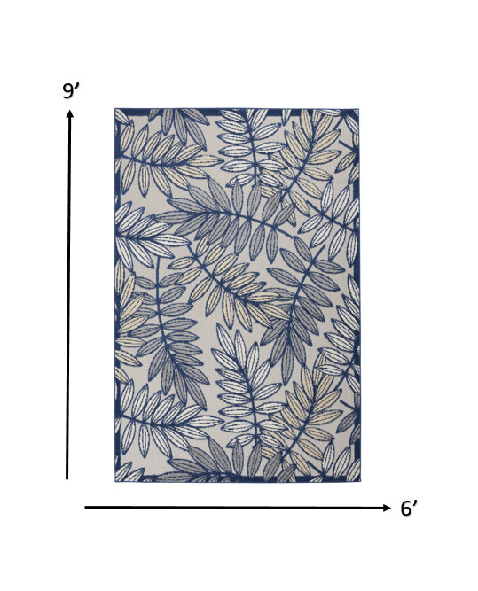 6’ x 9' Ivory and Navy Leaves Indoor Outdoor Area Rug