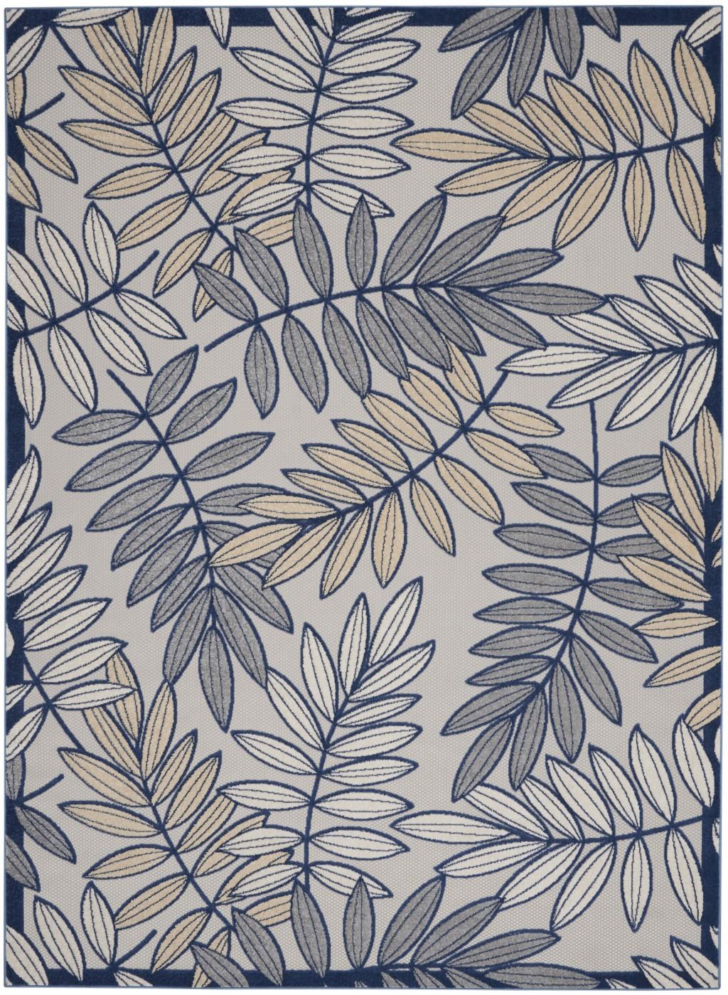 7’ x 10' Ivory and Navy Leaves Indoor Outdoor Area Rug