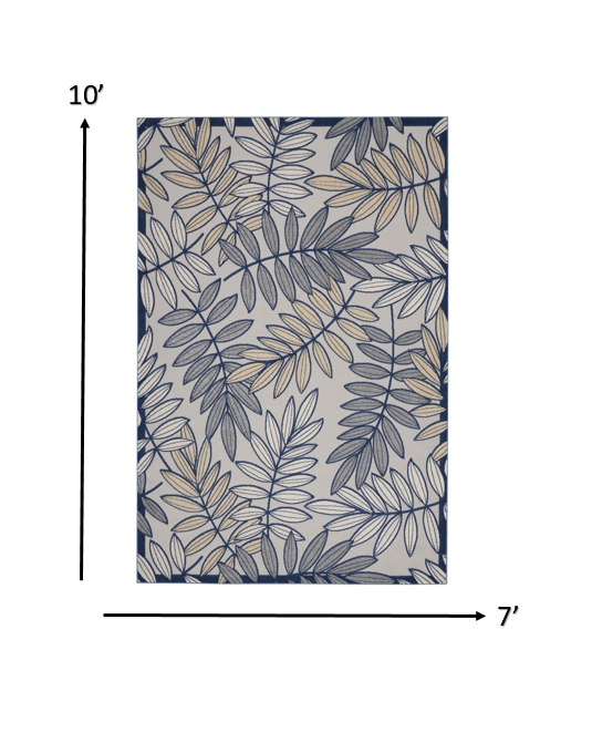 7’ x 10' Ivory and Navy Leaves Indoor Outdoor Area Rug