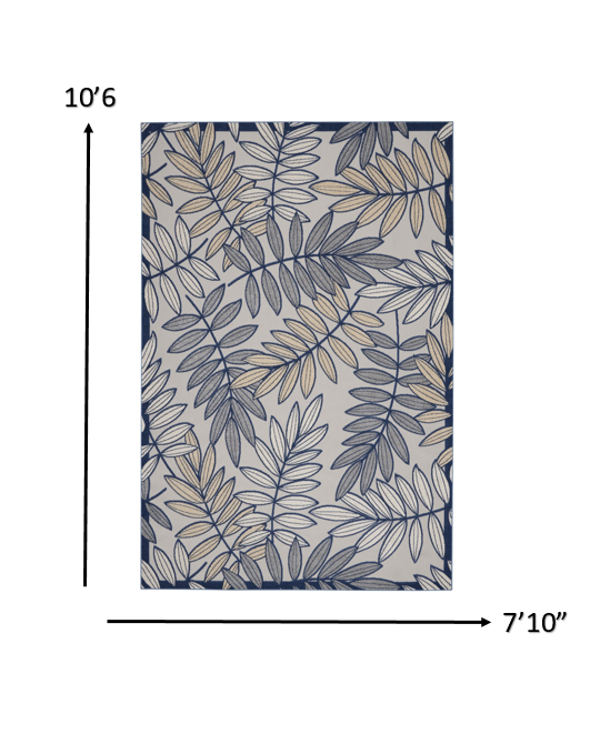 8’ x 11' Ivory and Navy Leaves Indoor Outdoor Area Rug