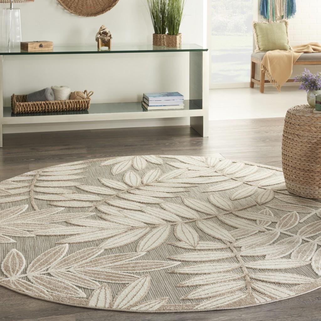 8’ Round  Natural Leaves Indoor Outdoor Area Rug