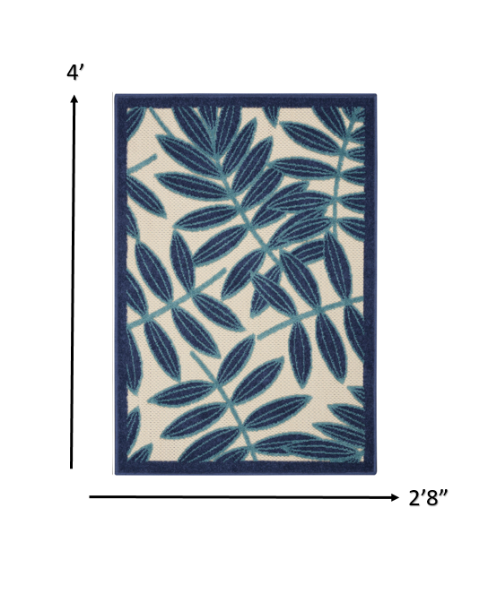 3’ x 4’ Navy and Beige Leaves Indoor Outdoor Area Rug