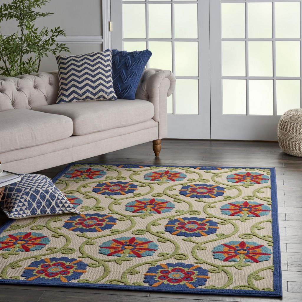 4’ x 6’ Blue Floral Vines Indoor Outdoor Area Rug