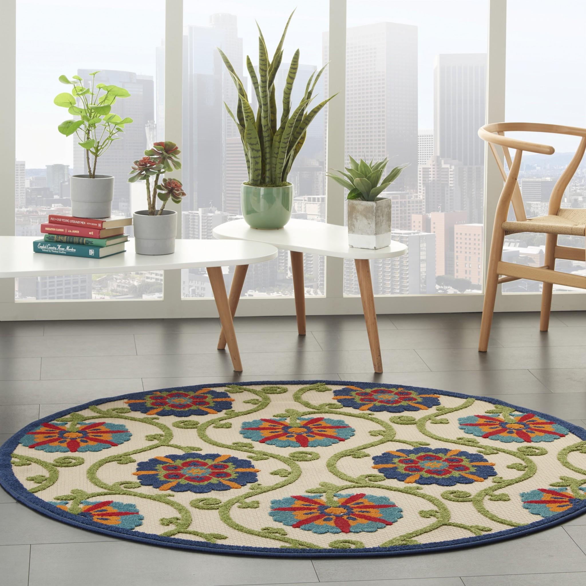 4’ Round Blue Vines Indoor Outdoor Area Rug