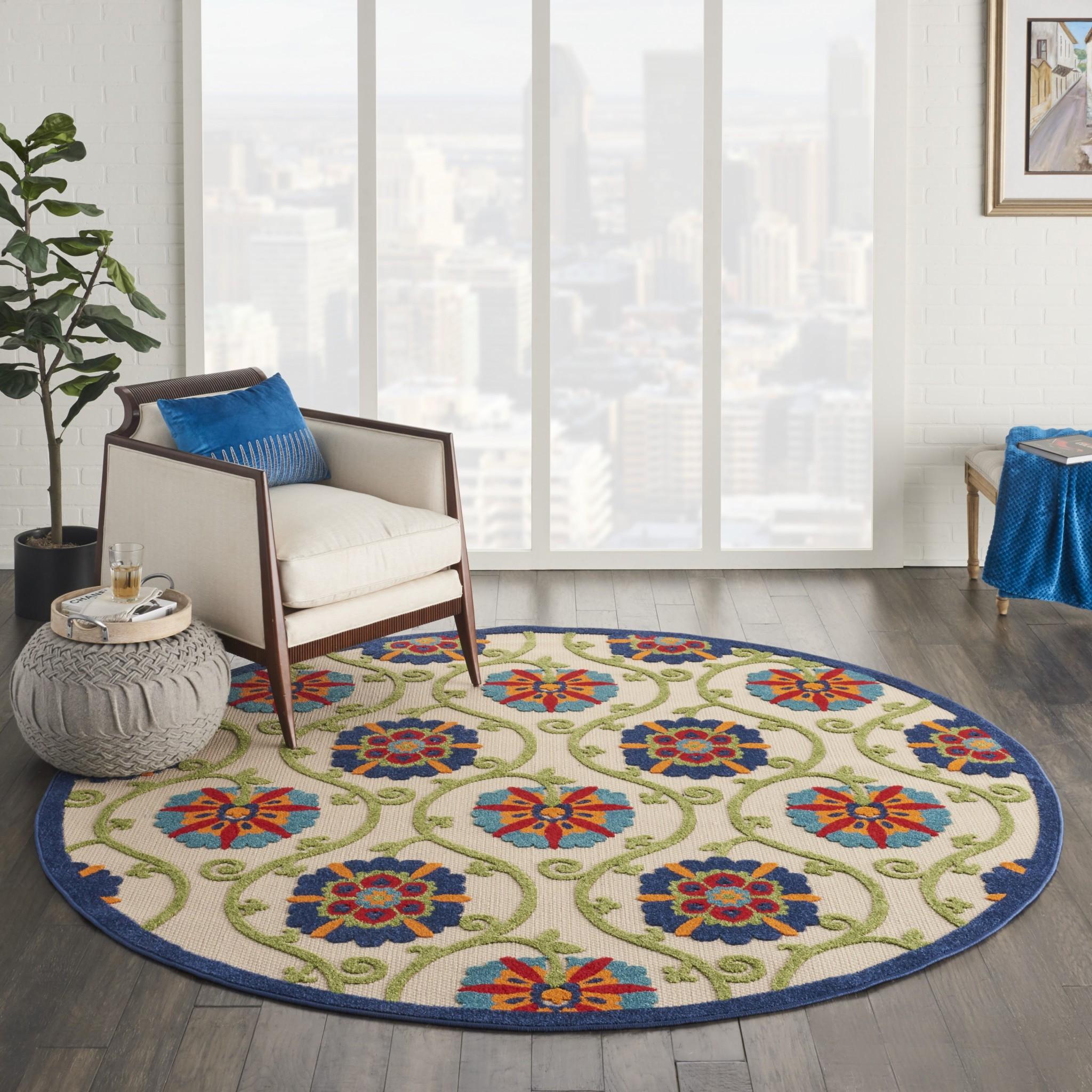 8’ Round Blue Vines Indoor Outdoor Area Rug