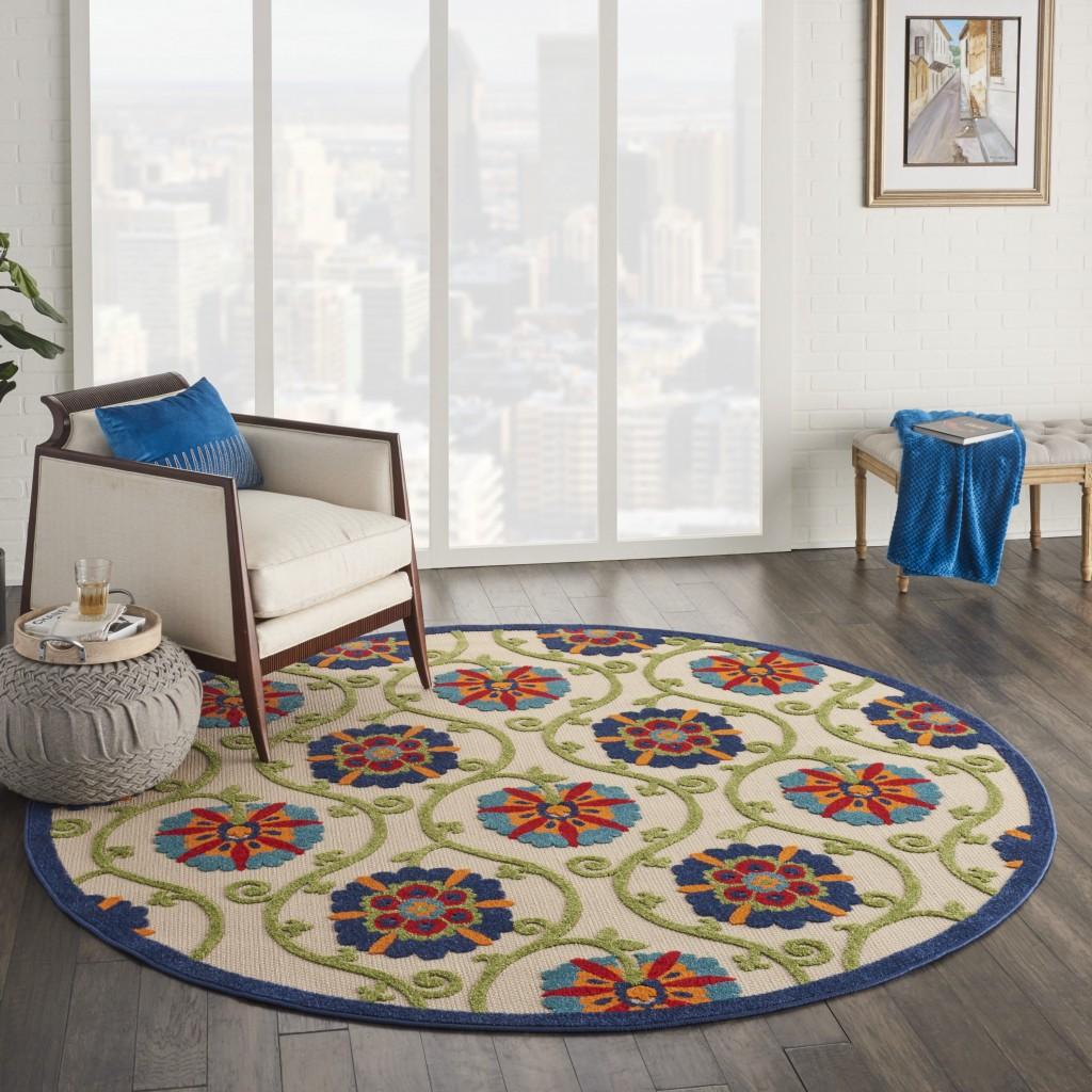 8’ Round Blue Vines Indoor Outdoor Area Rug