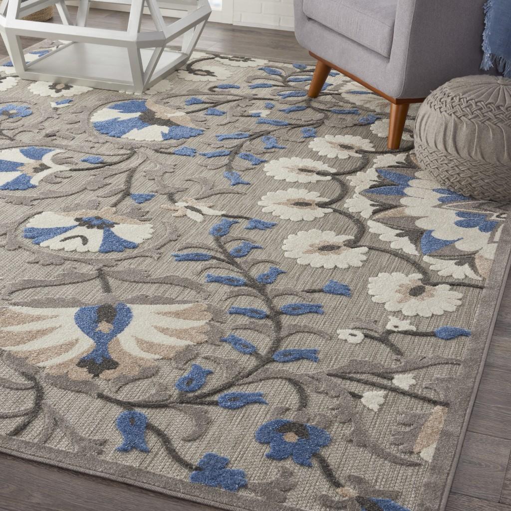 8’ x 11’ Gray and Blue Vines Indoor Outdoor Area Rug