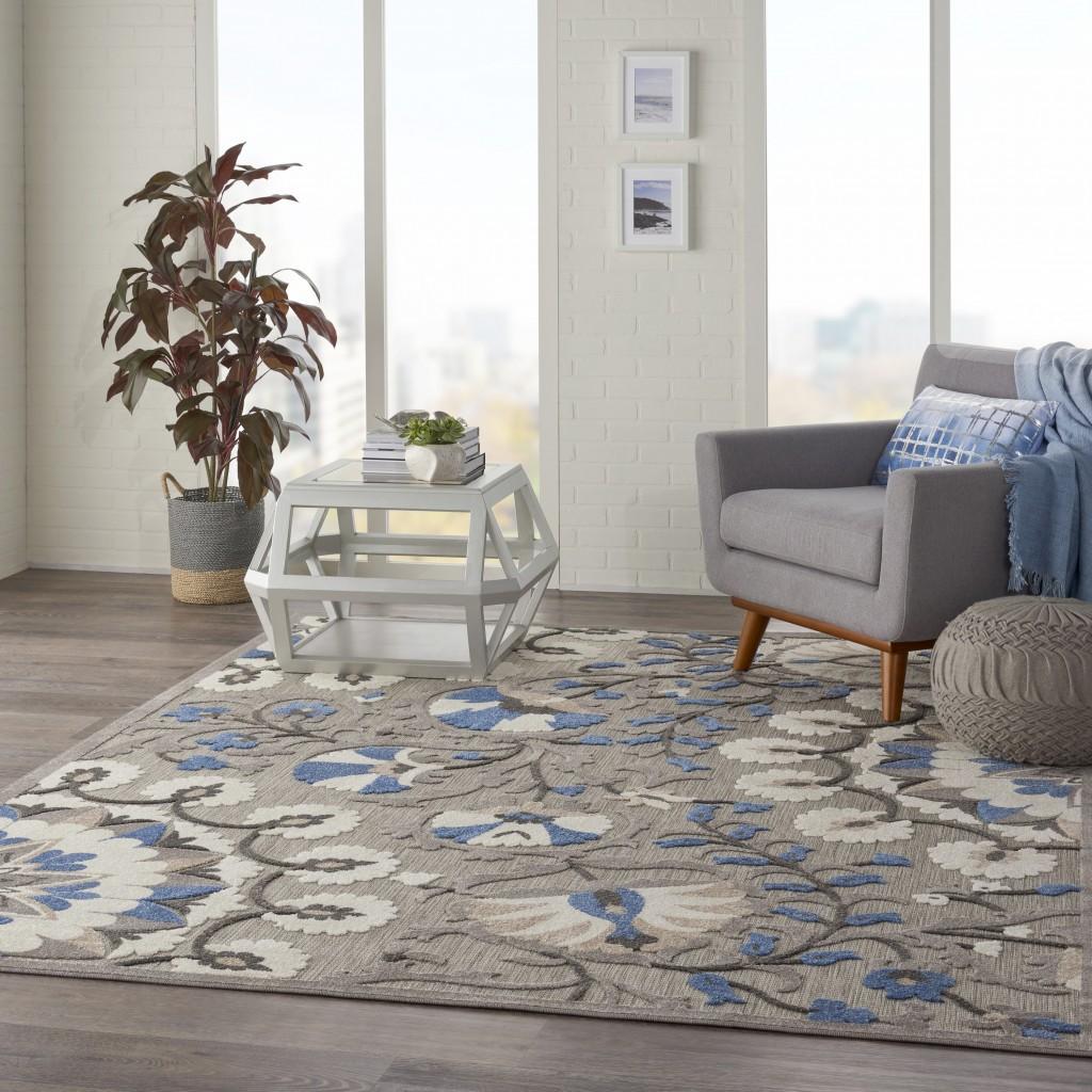 8’ x 11’ Gray and Blue Vines Indoor Outdoor Area Rug