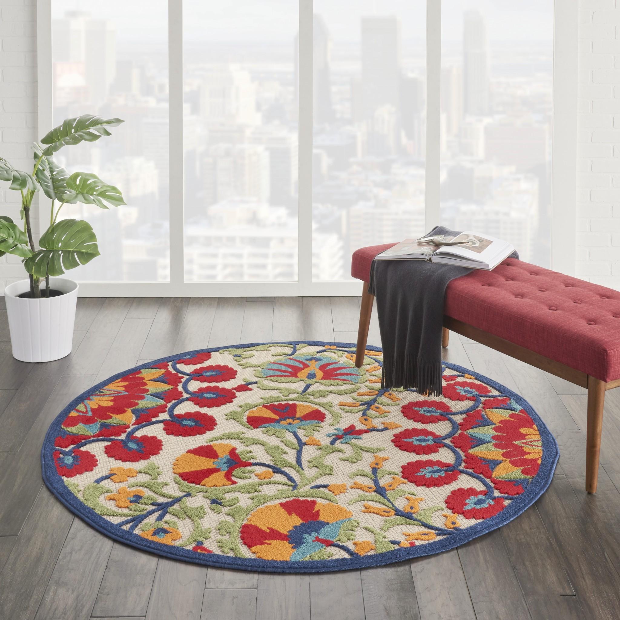 4’ Round Red and Multicolor Indoor Outdoor Area Rug Default Title