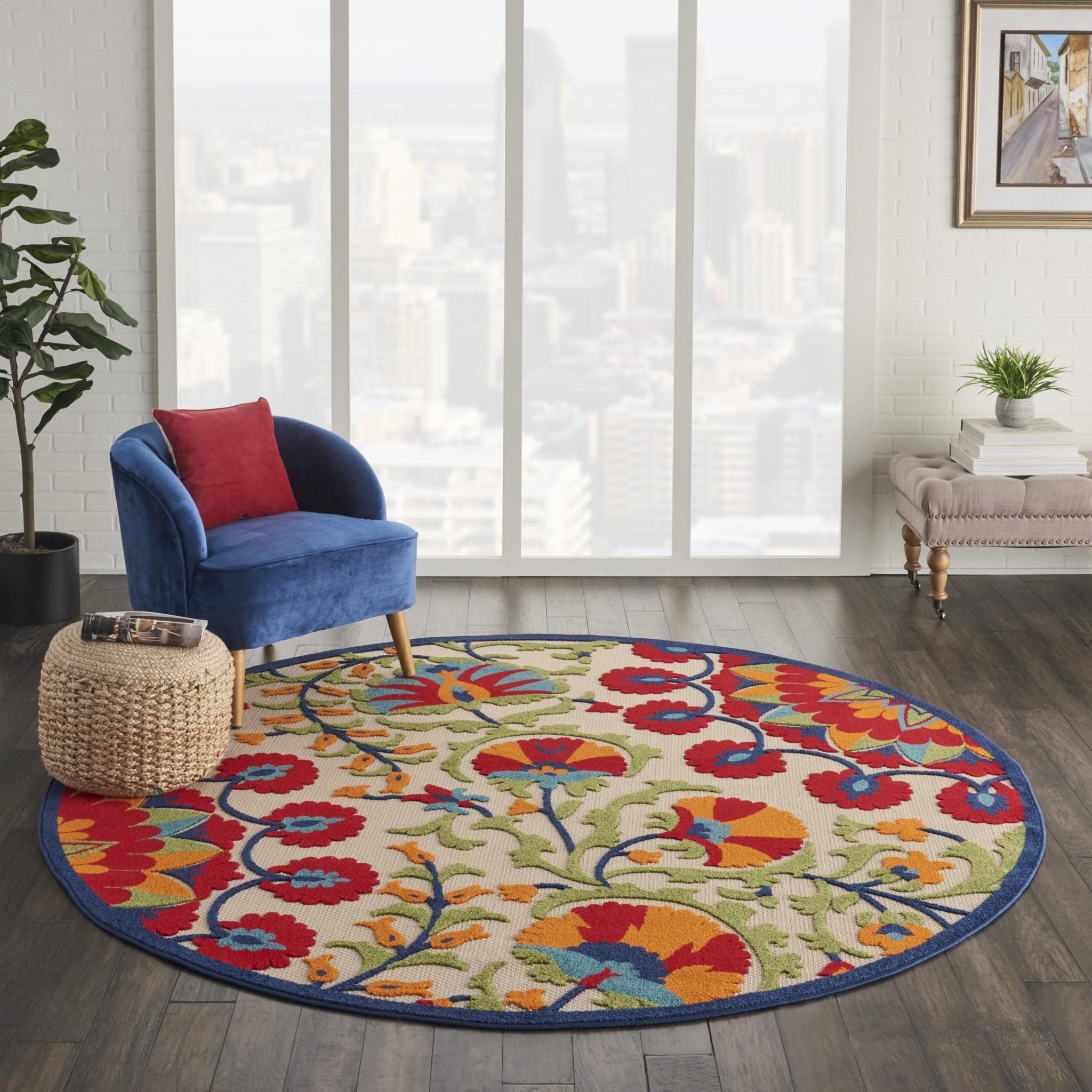 8’ Round Red and Multicolor Indoor Outdoor Area Rug Default Title