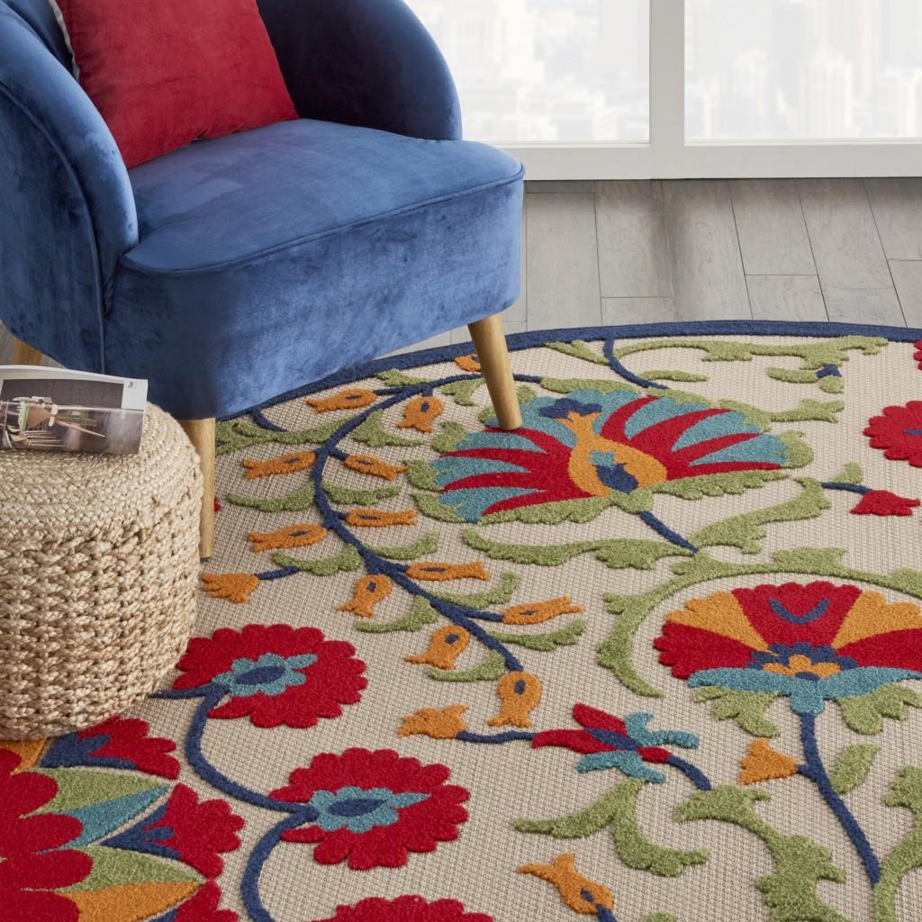 8’ Round Red and Multicolor Indoor Outdoor Area Rug Default Title