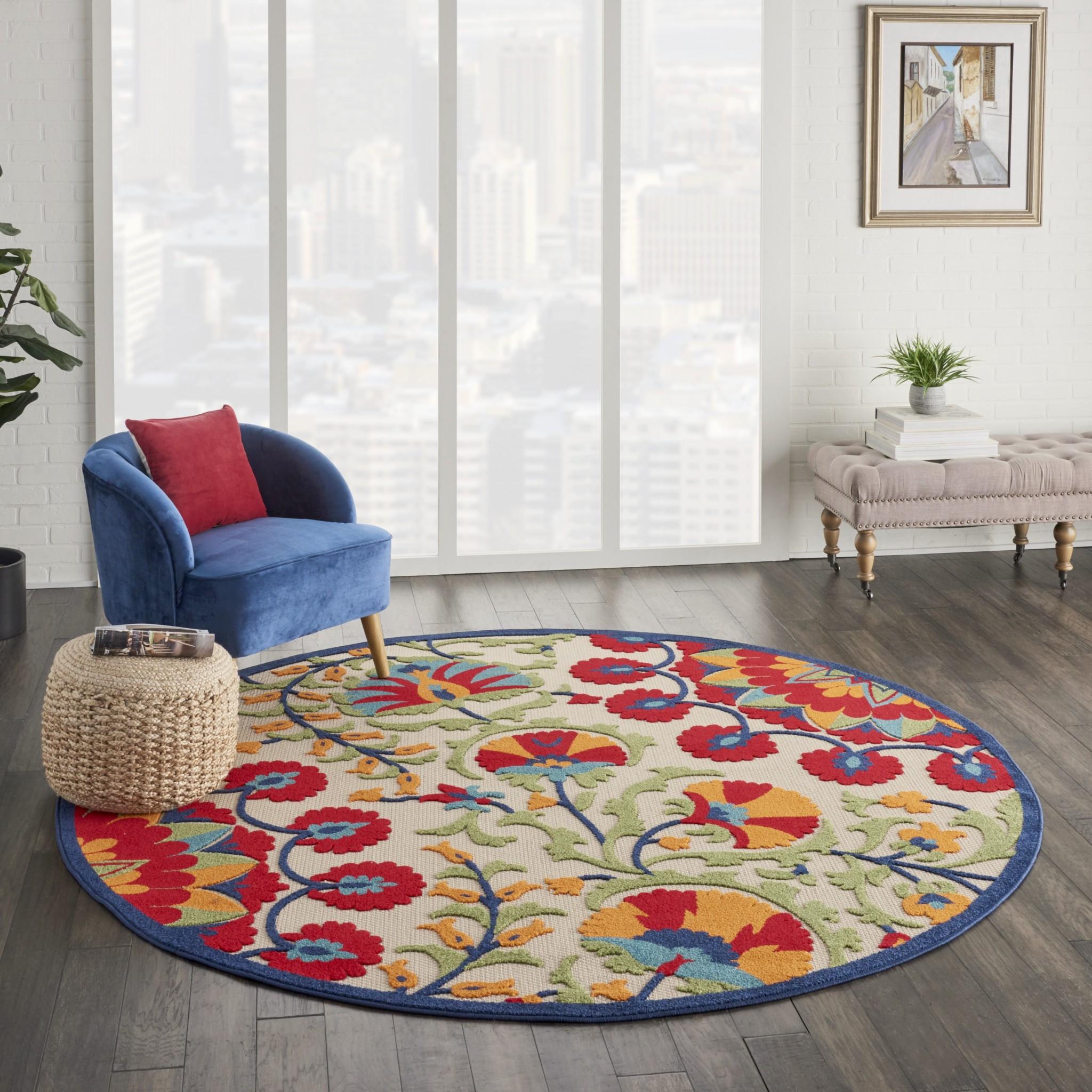 8’ Round Red and Multicolor Indoor Outdoor Area Rug Default Title